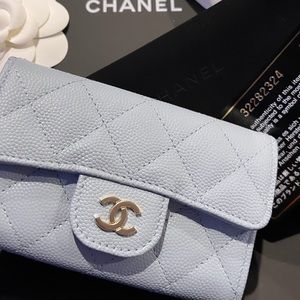 Chanel sky blue quilted coin flap